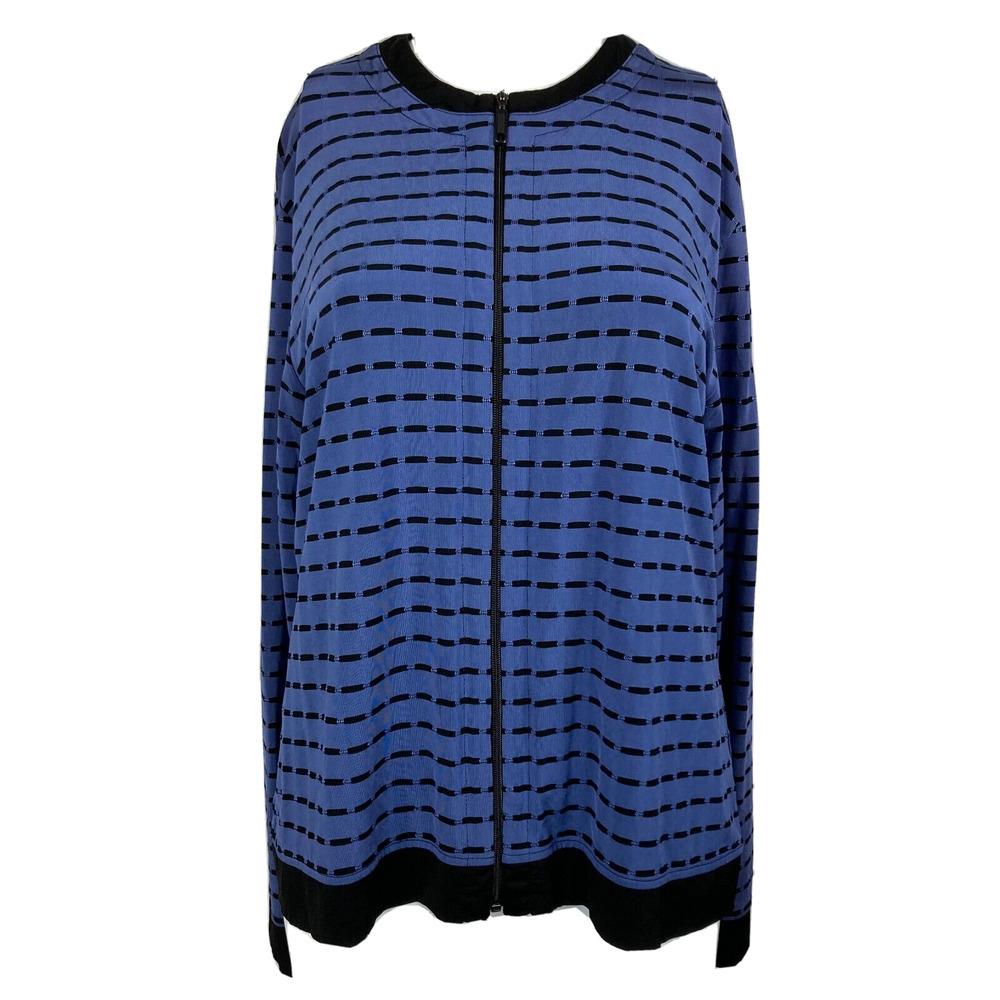 Chico's Travelers Jacket Womens Sz 1 US M Blue Black Striped Knit Stretch Zip Up